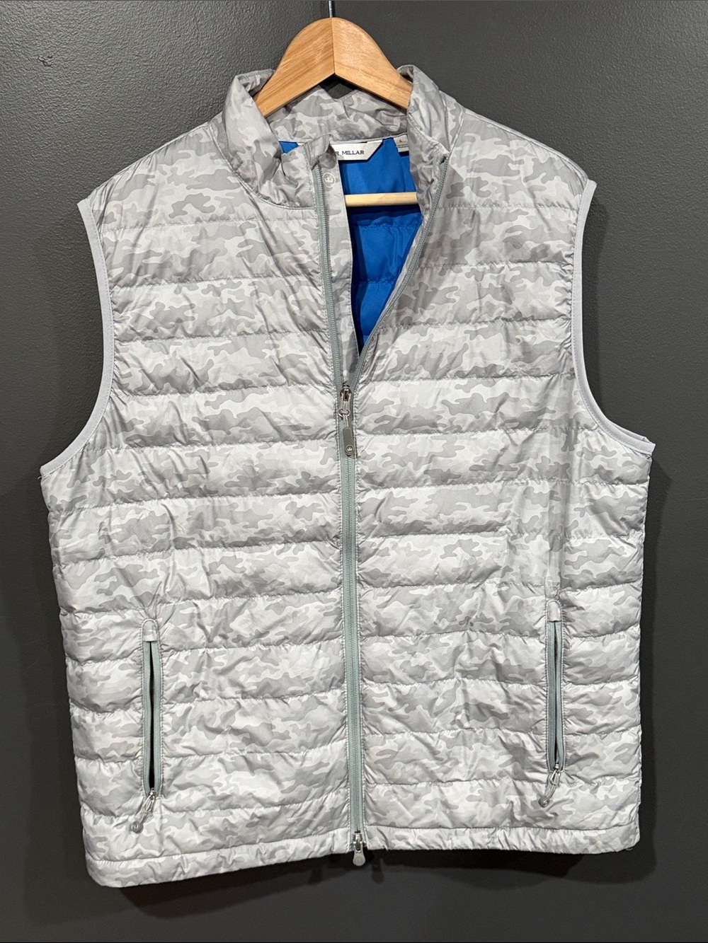 Peter Millar Light Gray Camouflage Quilted Vest with Blue Lining